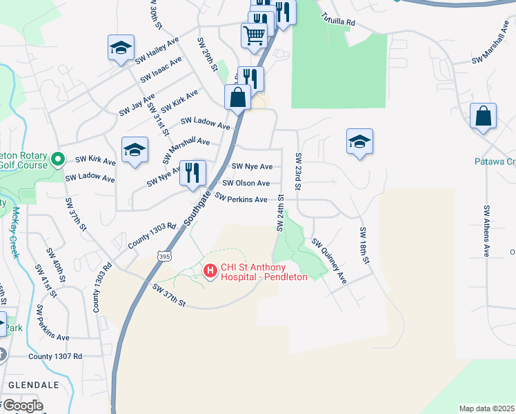 map of restaurants, bars, coffee shops, grocery stores, and more near 2430 Southwest Perkins Avenue in Pendleton