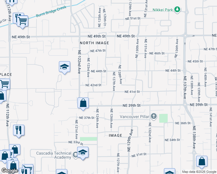 map of restaurants, bars, coffee shops, grocery stores, and more near 12611 Northeast 44th Street in Vancouver