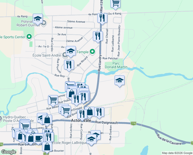 map of restaurants, bars, coffee shops, grocery stores, and more near 1005 Rue Landry in Acton Vale