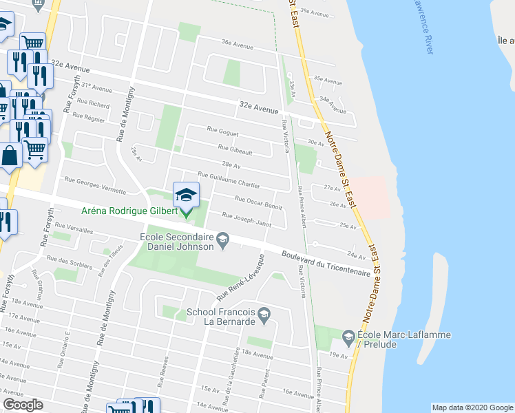 map of restaurants, bars, coffee shops, grocery stores, and more near 1120 Rue Oscar-Benoit in Montréal