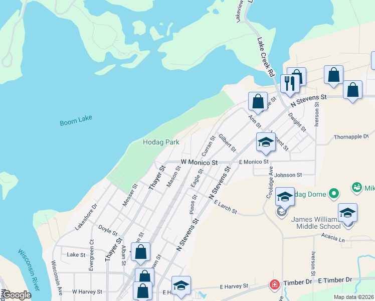 map of restaurants, bars, coffee shops, grocery stores, and more near 1227 Oleson Street in Rhinelander
