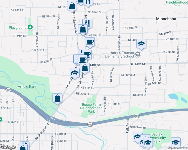 map of restaurants, bars, coffee shops, grocery stores, and more near 3515 Northeast 42nd Street in Vancouver
