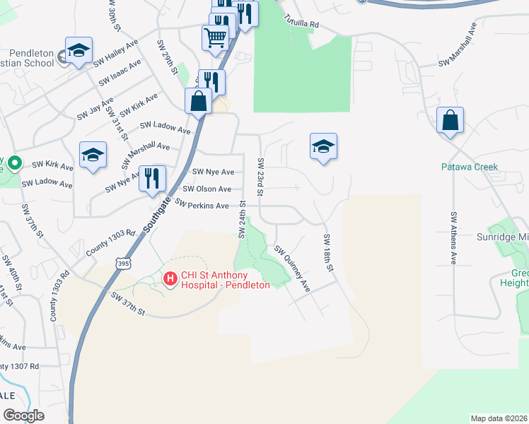 map of restaurants, bars, coffee shops, grocery stores, and more near 2205 Southwest Perkins Avenue in Pendleton