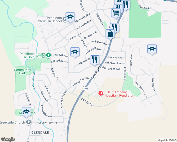 map of restaurants, bars, coffee shops, grocery stores, and more near 3207 Southwest Perkins Avenue in Pendleton