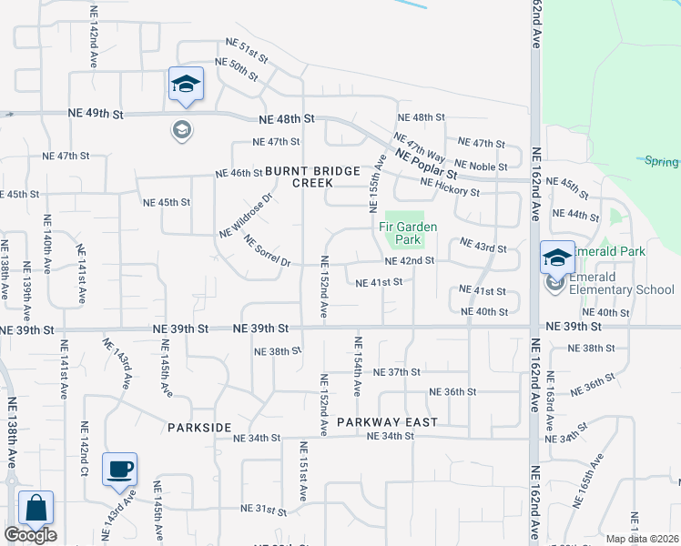 map of restaurants, bars, coffee shops, grocery stores, and more near 15204 Northeast 42nd Street in Vancouver