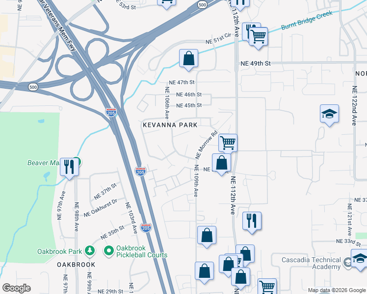 map of restaurants, bars, coffee shops, grocery stores, and more near 4201 Northeast 108th Avenue in Vancouver