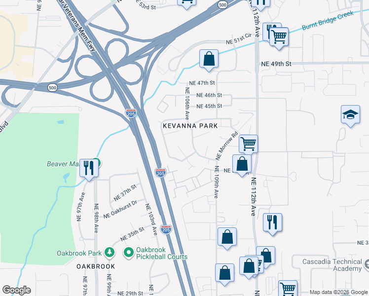map of restaurants, bars, coffee shops, grocery stores, and more near 4124 Northeast Burtonwood Court in Vancouver