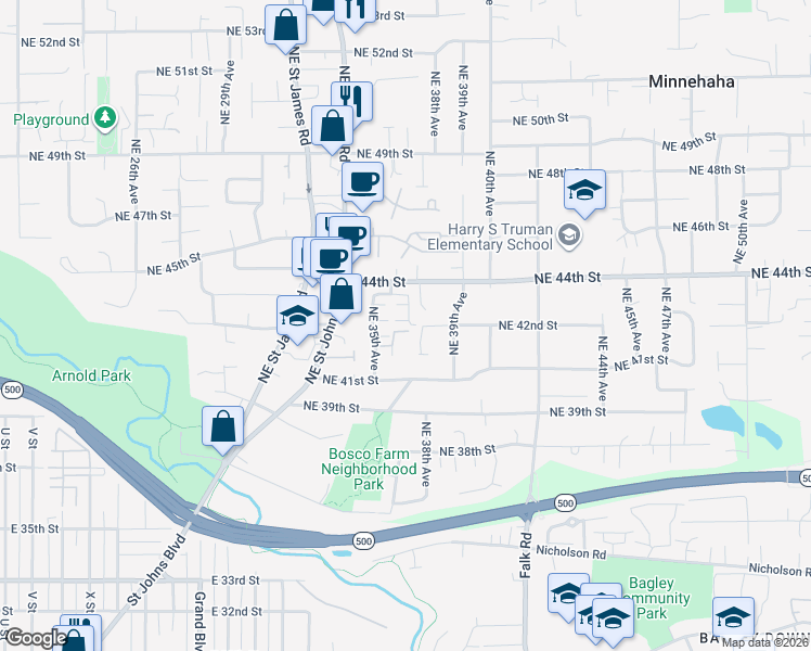 map of restaurants, bars, coffee shops, grocery stores, and more near 3603 Northeast 42nd Way in Vancouver