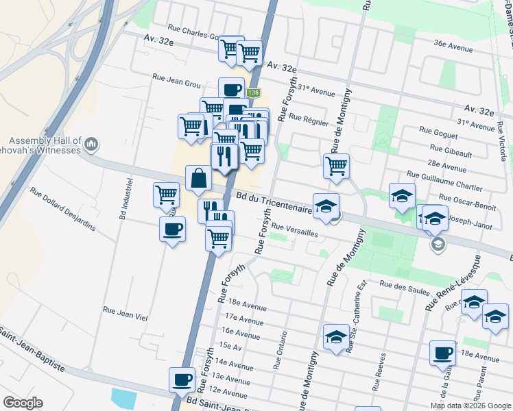 map of restaurants, bars, coffee shops, grocery stores, and more near 2100 Boulevard du Tricentenaire in Montréal