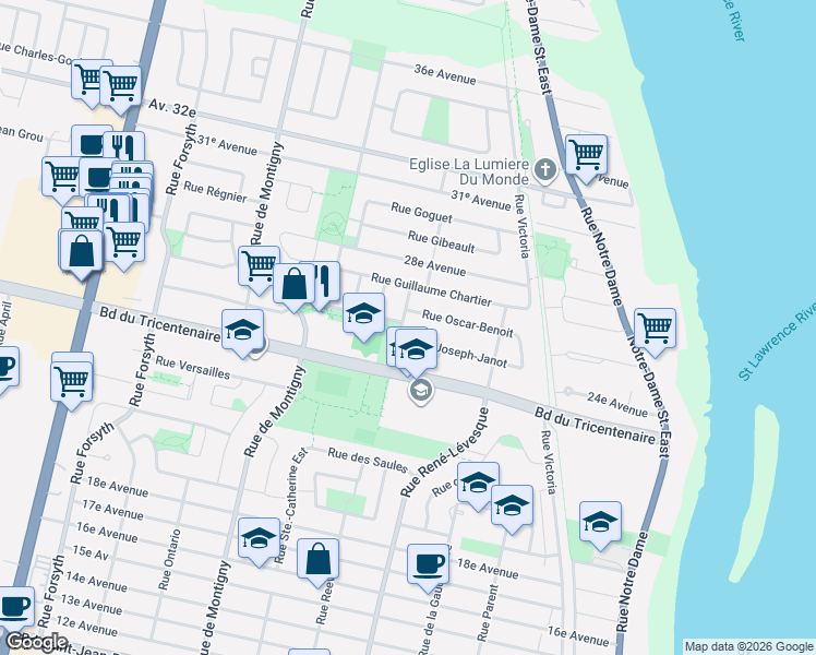 map of restaurants, bars, coffee shops, grocery stores, and more near 12820 Rue Joseph d'Argent in Montréal