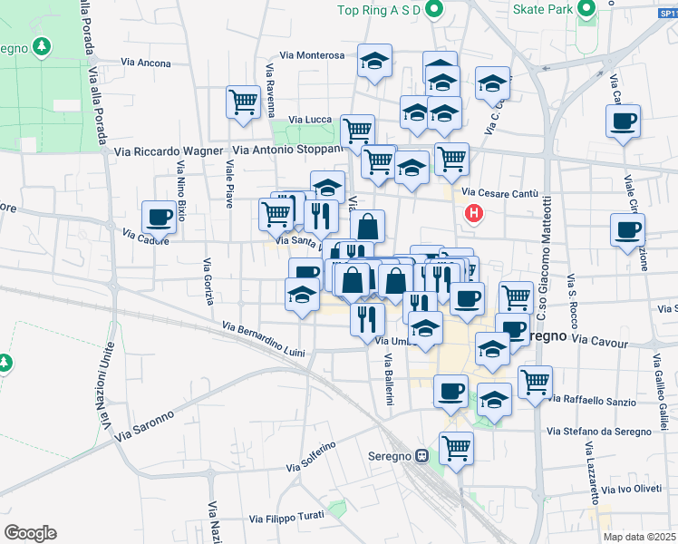 map of restaurants, bars, coffee shops, grocery stores, and more near 5E Piazza Monsignor Gandini in Seregno