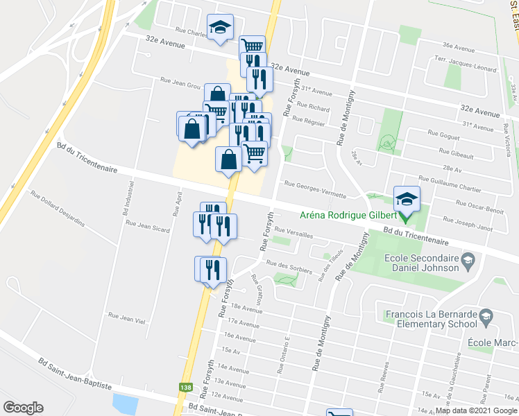 map of restaurants, bars, coffee shops, grocery stores, and more near 2100 Boulevard du Tricentenaire in Montréal