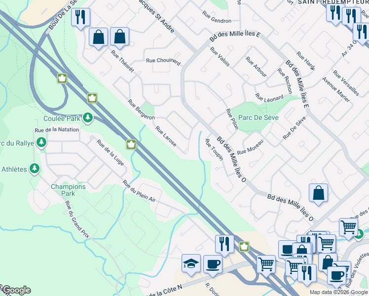 map of restaurants, bars, coffee shops, grocery stores, and more near 844 Rue Larose in Sainte-Thérèse