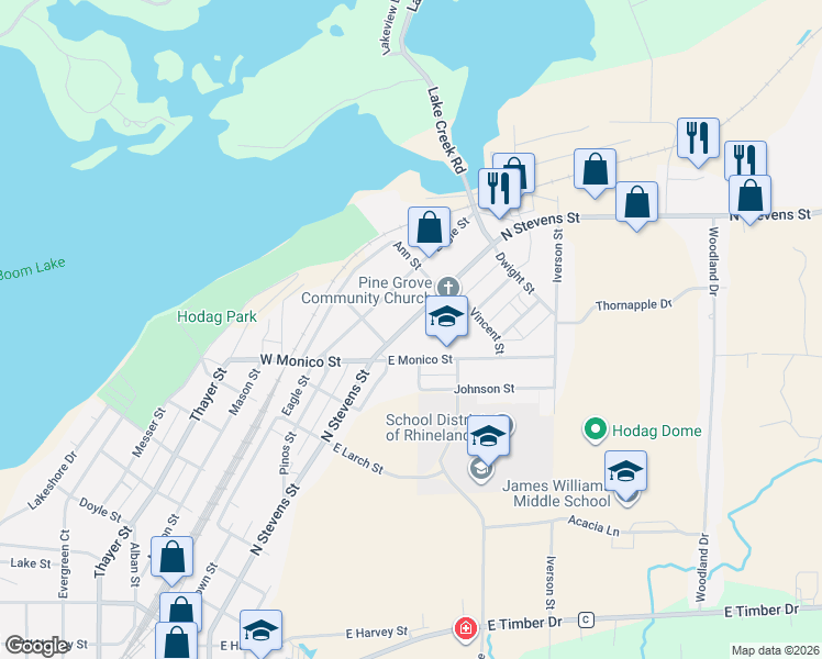 map of restaurants, bars, coffee shops, grocery stores, and more near 1344 North Stevens Street in Rhinelander