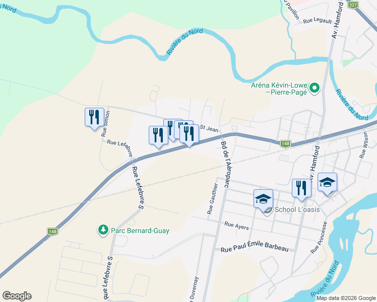 map of restaurants, bars, coffee shops, grocery stores, and more near 48 Rue Principale in Lachute
