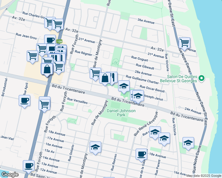 map of restaurants, bars, coffee shops, grocery stores, and more near 12700 Rue de Montigny in Montréal