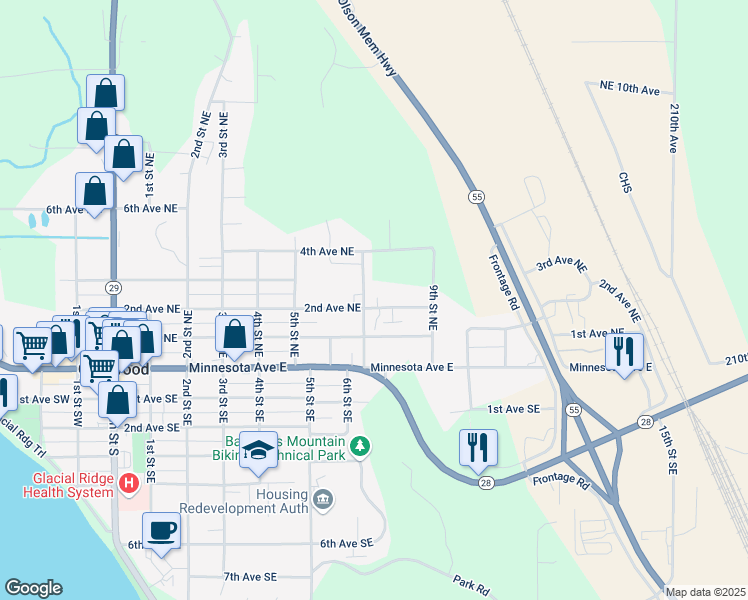 map of restaurants, bars, coffee shops, grocery stores, and more near 206 7th Street Northeast in Glenwood