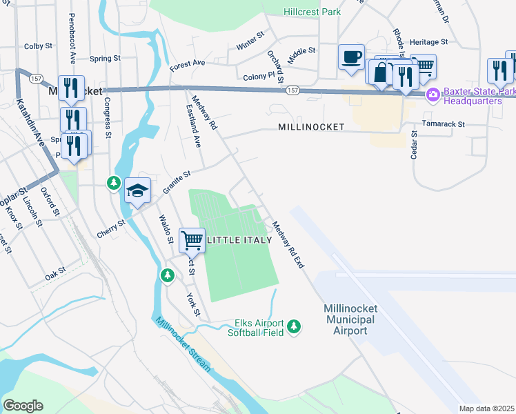 map of restaurants, bars, coffee shops, grocery stores, and more near 49 East Avenue in Millinocket