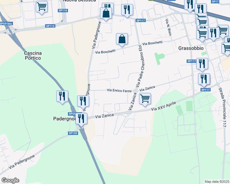 map of restaurants, bars, coffee shops, grocery stores, and more near 22 Via Enrico Fermi in Grassobbio