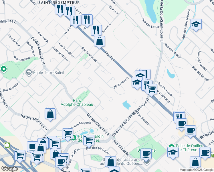 map of restaurants, bars, coffee shops, grocery stores, and more near 36 Avenue 20 Ouest in Blainville