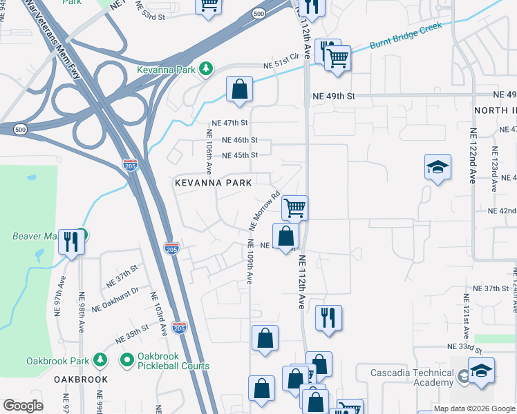 map of restaurants, bars, coffee shops, grocery stores, and more near 4201 Northeast Morrow Road in Vancouver