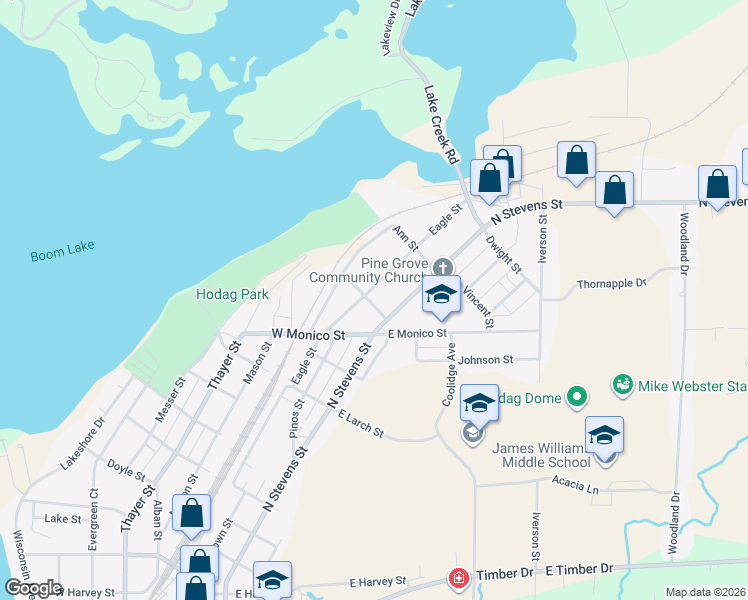map of restaurants, bars, coffee shops, grocery stores, and more near 1304 Eagle Street in Rhinelander