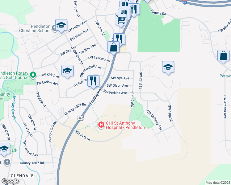 map of restaurants, bars, coffee shops, grocery stores, and more near 2445 Southwest Perkins Avenue in Pendleton