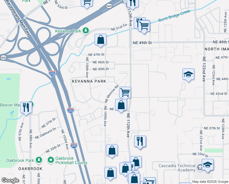 map of restaurants, bars, coffee shops, grocery stores, and more near 4201 Northeast Morrow Road in Vancouver
