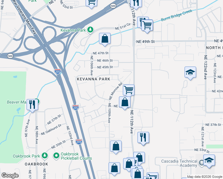 map of restaurants, bars, coffee shops, grocery stores, and more near 4201 Northeast Morrow Road in Vancouver