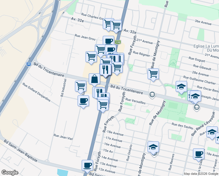 map of restaurants, bars, coffee shops, grocery stores, and more near 2600 Boulevard du Tricentenaire in Montréal