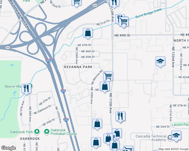 map of restaurants, bars, coffee shops, grocery stores, and more near 4201 Northeast Morrow Road in Vancouver