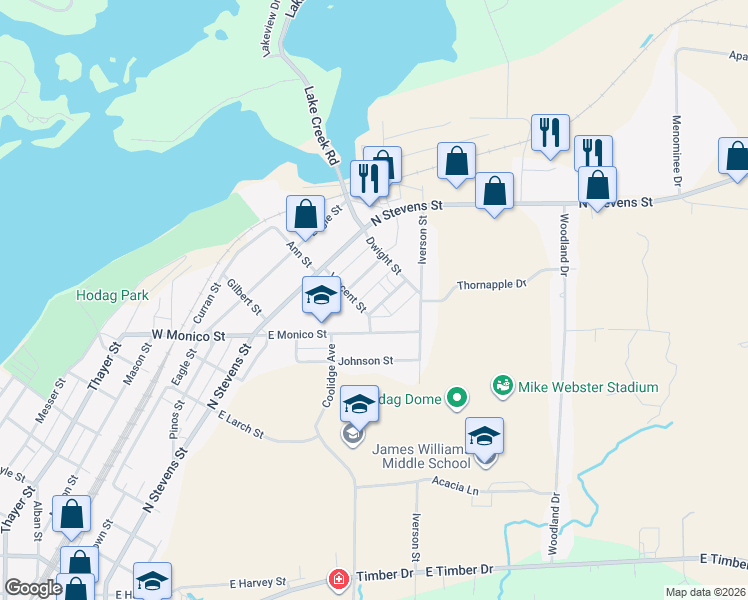 map of restaurants, bars, coffee shops, grocery stores, and more near 1413 Glenwood Avenue in Rhinelander