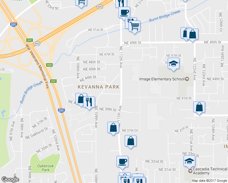 map of restaurants, bars, coffee shops, grocery stores, and more near 11102 Northeast 42nd Street in Vancouver