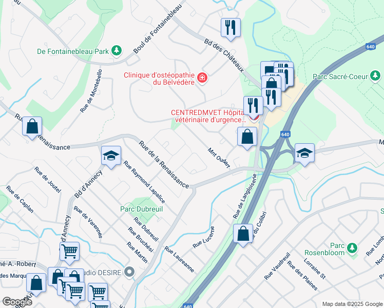 map of restaurants, bars, coffee shops, grocery stores, and more near 42 Rue Yvon Cousineau in Blainville