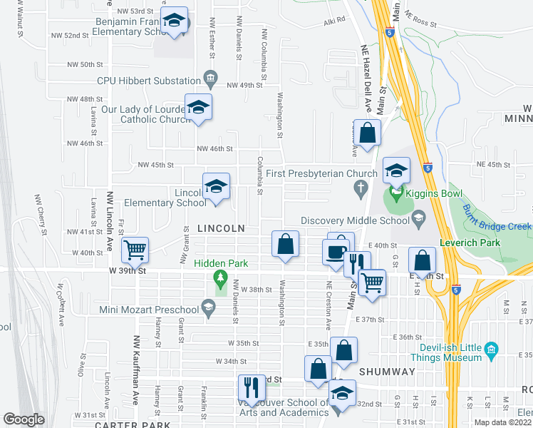 map of restaurants, bars, coffee shops, grocery stores, and more near 216 Northwest 42nd Street in Vancouver