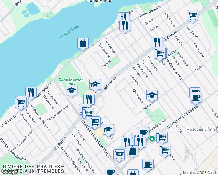 map of restaurants, bars, coffee shops, grocery stores, and more near 9200 Boulevard Perras in Montréal
