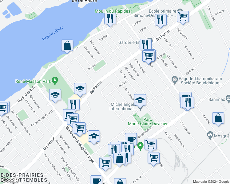 map of restaurants, bars, coffee shops, grocery stores, and more near 9300 Avenue Louis Lumière in Montréal