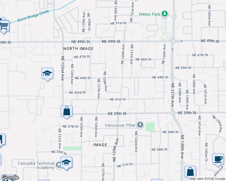 map of restaurants, bars, coffee shops, grocery stores, and more near 12820 Northeast 42nd Street in Vancouver