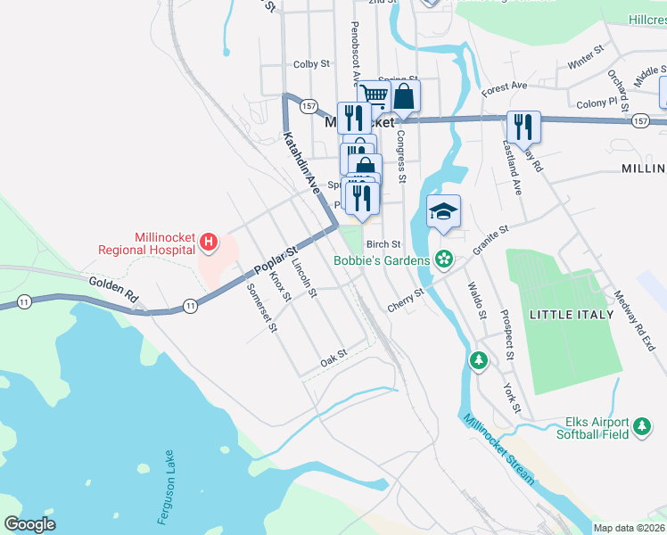 map of restaurants, bars, coffee shops, grocery stores, and more near 73 Oxford Street in Millinocket