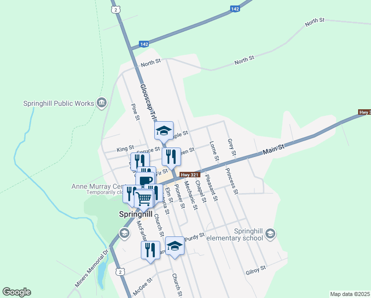 map of restaurants, bars, coffee shops, grocery stores, and more near 90 Queen Street in Springhill