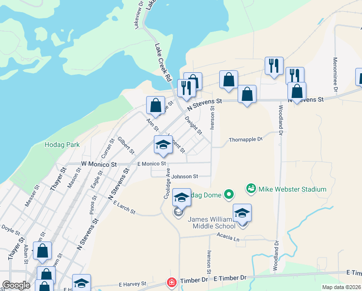 map of restaurants, bars, coffee shops, grocery stores, and more near 1413 Glenwood Avenue in Rhinelander