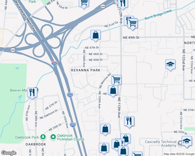 map of restaurants, bars, coffee shops, grocery stores, and more near 4201 Northeast 108th Avenue in Vancouver
