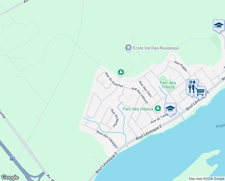 map of restaurants, bars, coffee shops, grocery stores, and more near 7295 Rue des Pigeons in Laval