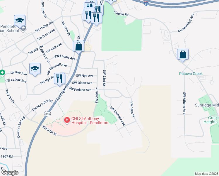 map of restaurants, bars, coffee shops, grocery stores, and more near 2205 Southwest Perkins Avenue in Pendleton