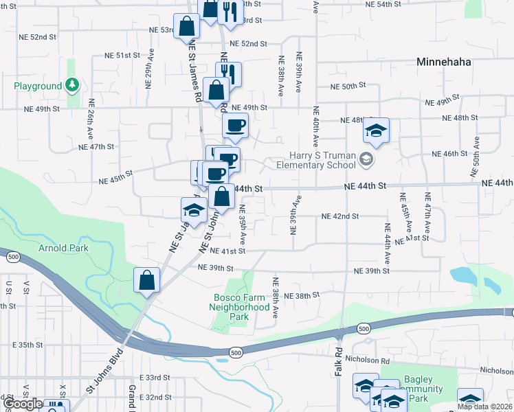 map of restaurants, bars, coffee shops, grocery stores, and more near 3603 Northeast 42nd Way in Vancouver
