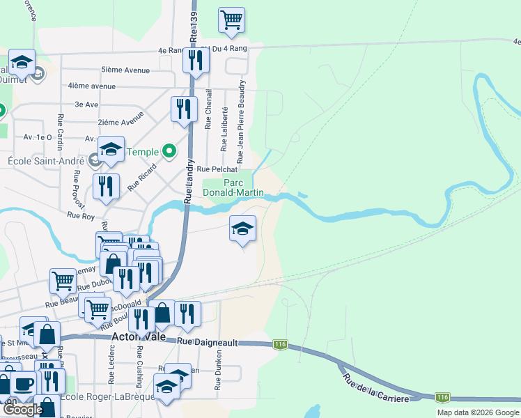 map of restaurants, bars, coffee shops, grocery stores, and more near 629 Rue du Moulin in Acton Vale