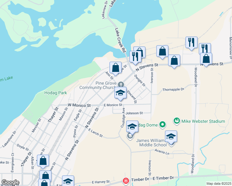 map of restaurants, bars, coffee shops, grocery stores, and more near 1344 North Stevens Street in Rhinelander