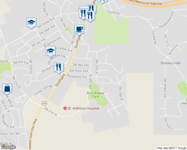 map of restaurants, bars, coffee shops, grocery stores, and more near 2305 Southwest Perkins Avenue in Pendleton