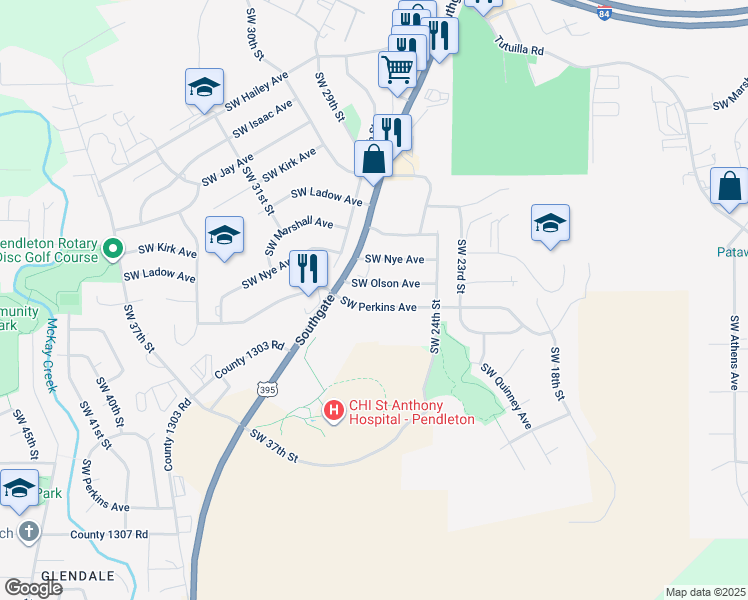 map of restaurants, bars, coffee shops, grocery stores, and more near 2445 Southwest Perkins Avenue in Pendleton