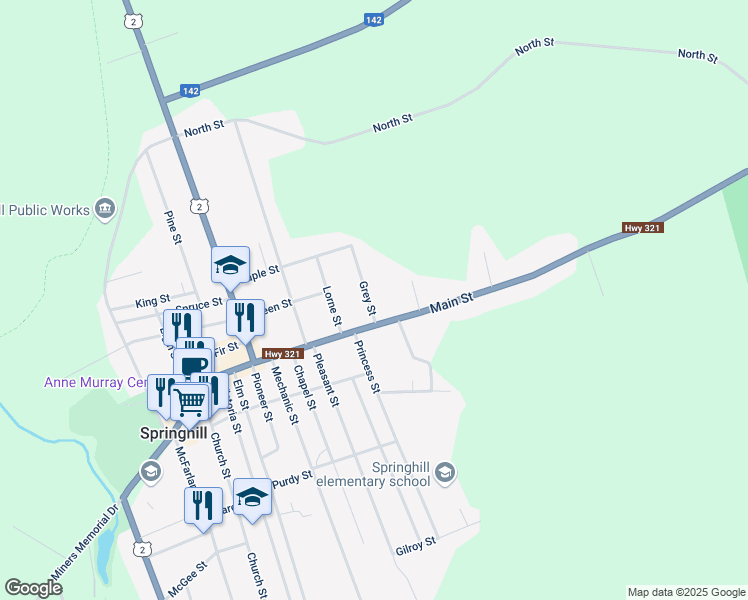 map of restaurants, bars, coffee shops, grocery stores, and more near 3 Grey Street in Springhill